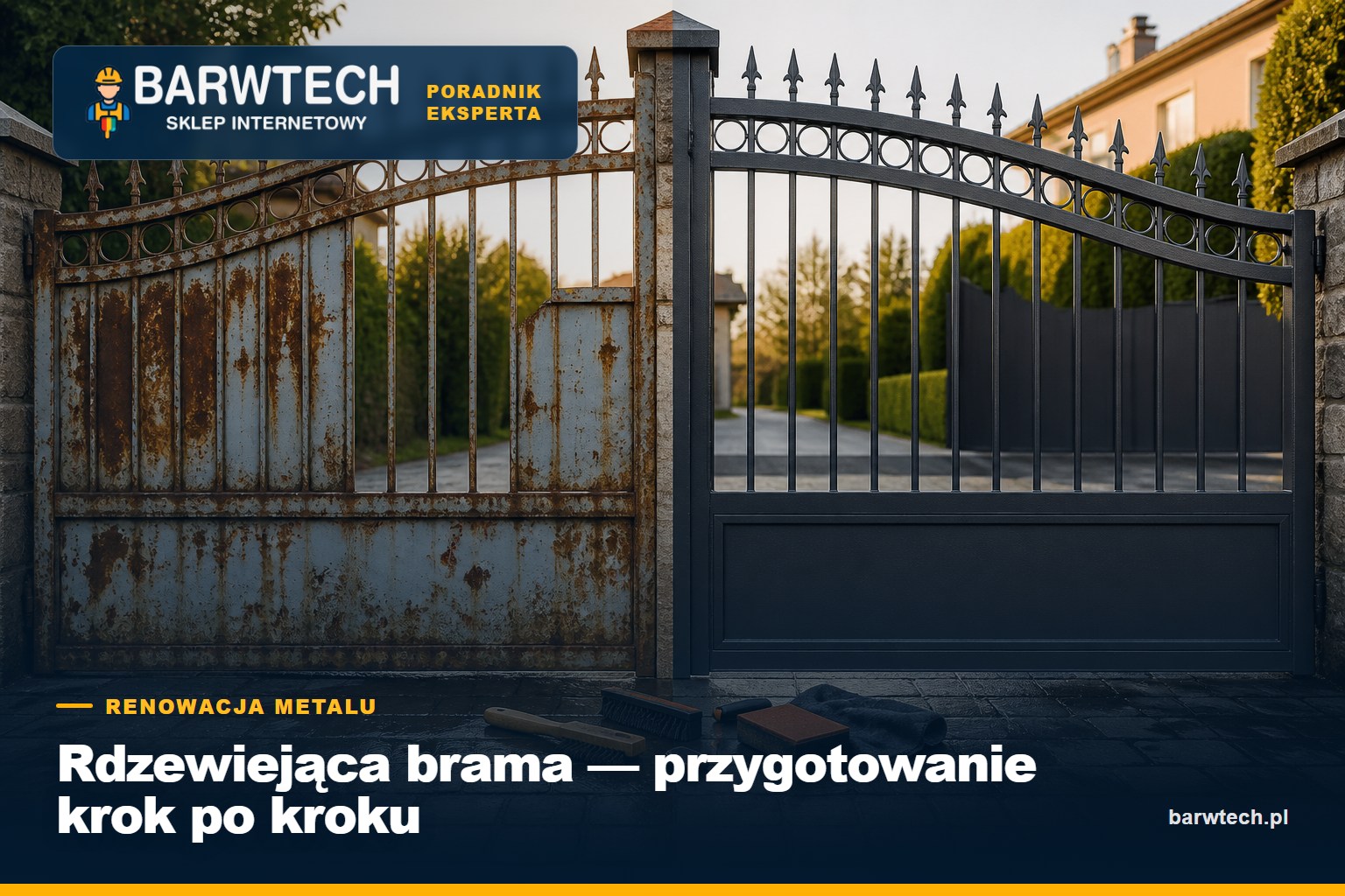 Zardzewiała i odnowiona metalowa brama - poradnik Barwtech