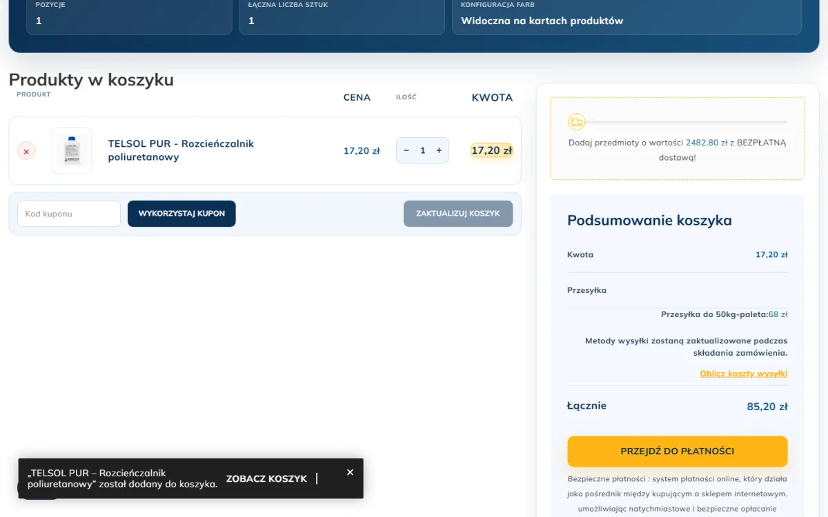Koszyk Barwtech z produktem, podsumowaniem ceny i przejściem do płatności