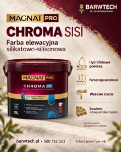 Farba Fasadowa , elewacyjna MAGNAT PRO CHROMA SISI – właściwości farby silikatowo-silikonowej